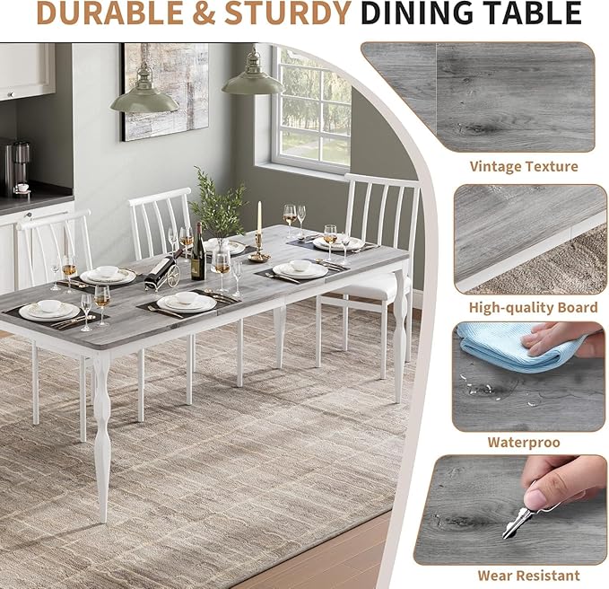 IDEALHOUSE 71 Inch Farmhouse Dining Table for 6-8 People, Rectangular Wood Kitchen Table with Heavy Duty Legs, Kitchen Dining Room Table for Dining Room Kitchen, Wash Grey