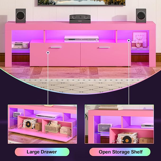 Clikuutory Modern Lighting 63 inch TV Stand with Large Storage Drawer for 50 55 60 65 70 75 Inch TVs, TV Console with 20 Color LED Lights, Entertainment Center Media and Open Shelf for Bedroom, Pink