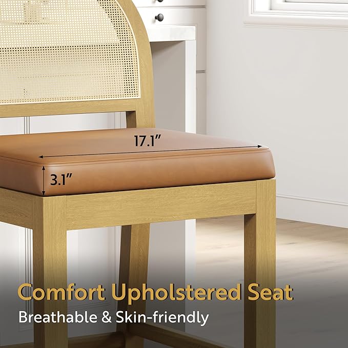 STHOUYN Upholstered Rattan Bar Stools Set of 2, Wooden Counter Height Bar Stools with Natural Rattan Woven Back and Faux Leather Seat, Mid-Century Modern Island Chairs Barstools for Kitchen (2, Brown)