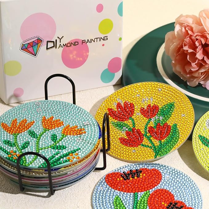8 PCS Simple Floral Diamond Art Coasters Kits, Diamond Painting Coasters with Holder Set of 8, DIY Drink Coasters Art Crafts Supplies for Adults Cup Mat for Home Decor House Warming Gifts 3.9inch