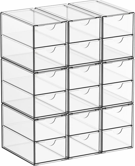 Yieach 9 Pack Small Acrylic Drawers With 18 Drawers,Clear Drawer Organizers Stackable,School,Office Supplies Organizer And Storage Bins for Stationery,Pen,Pencil,Craft,Glasses,Sunglass Organizer Case