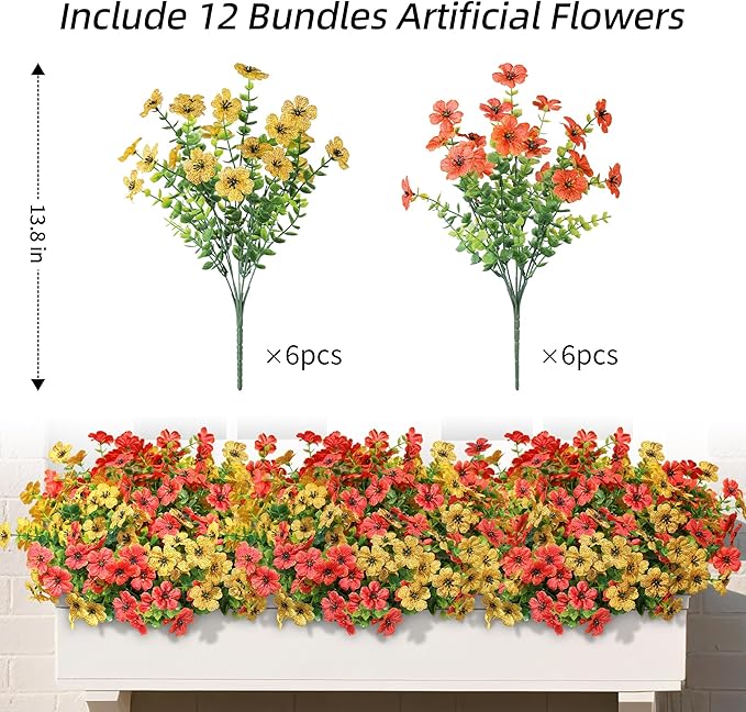 Ivydale Fall Flowers Artificial for Decoration Outdoors Fake Mums 12 Bundles Faux Planters UV Resistant Look Real for Autumn Home Porch Patio Garden Yard, Orange Yellow