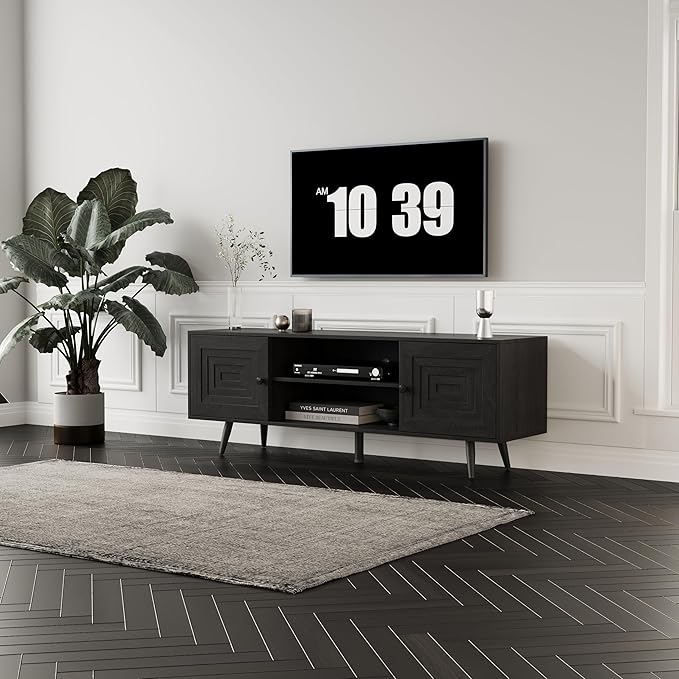 Modern TV Stand with Storage Cabinet, Wood Fashionable TV Cabinet with Waveform Panel and Adjustable Shelf, Entertainment Center TV Stand for TV, Living Room (Advanced Black