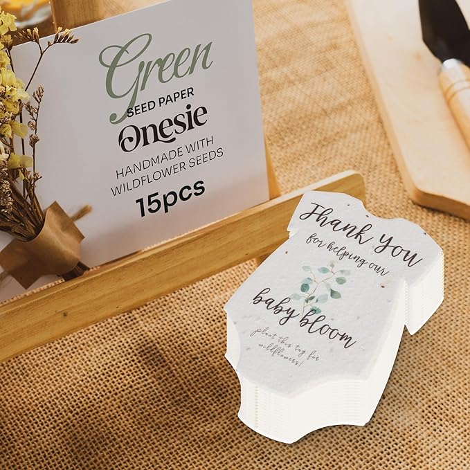 Plantable Onesie Seed Paper – 15 Green Baby Shower Favors for Guests with Wildflower Seeds, Baby Shower Gifts for Guest