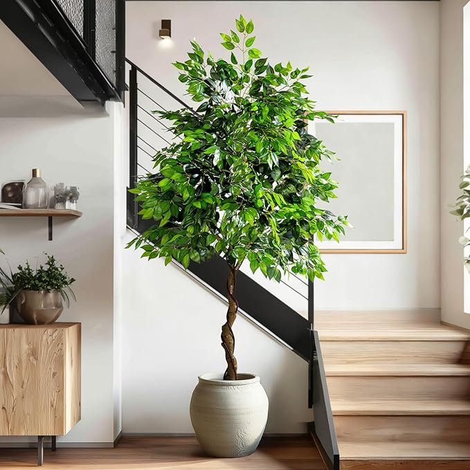 7ft Artificial Ficus Tree for Home Decor, Faux Silk Plants Faux Plant Fake Silk Trees with Pot for Indoor House Living Room Office Garden