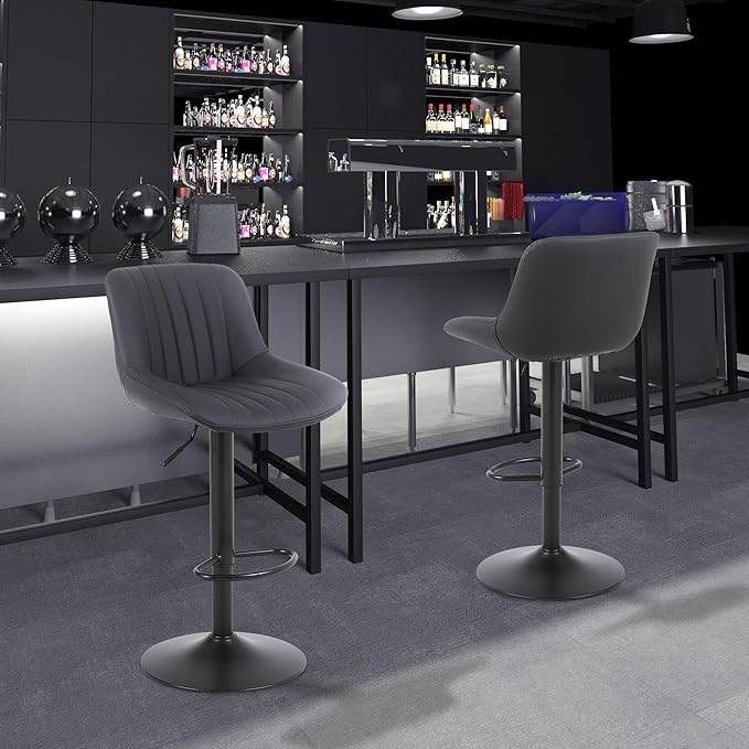 Bar Stools Set of 2, Swivel Counter Height Barstools with Back, Adjustable PU Leather Bar Chairs, Modern Armless Kitchen Island Stool, Black