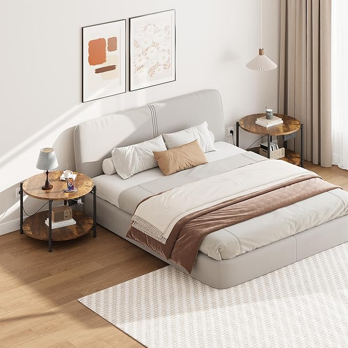 LIKIMIO Round Side Table Set of 2, 23.6" W End Table with Charging Station, Modern Wooden Nightstand for Small Spaces, Living Room, Bedroom, Rustic Brown