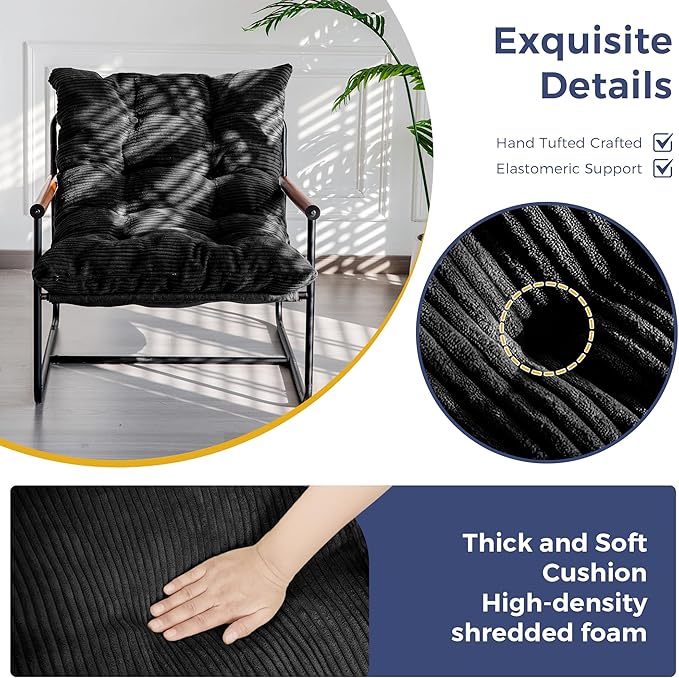 MAXYOYO Modern Accent Chair, Comfy Living Room Chair with Metal Frame Wooden Armrest, Upholstered Armchair with Soft Cushion for Bedroom Balcony Lounge Reading Room, Black