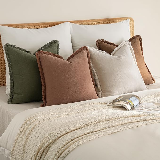 MIULEE Fall Decorative Couch Pillow Covers Neutral Linen Fringe Throw Pillows Set of 4 Soft Rustic Cushions Boho Farmhouse Pillowcases for Bed Sofa Living Room Home Decor 20x20 Inch Beige/Brown/Green