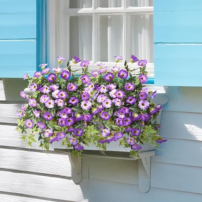 Artificial Flowers for Outdoor Decoration Spring Summer Fake Plants, 2PCS Faux Flower Silk Petunias UV Resistant Realistic for Porch Planter Balcony Home Garden Yard Decor Purple White