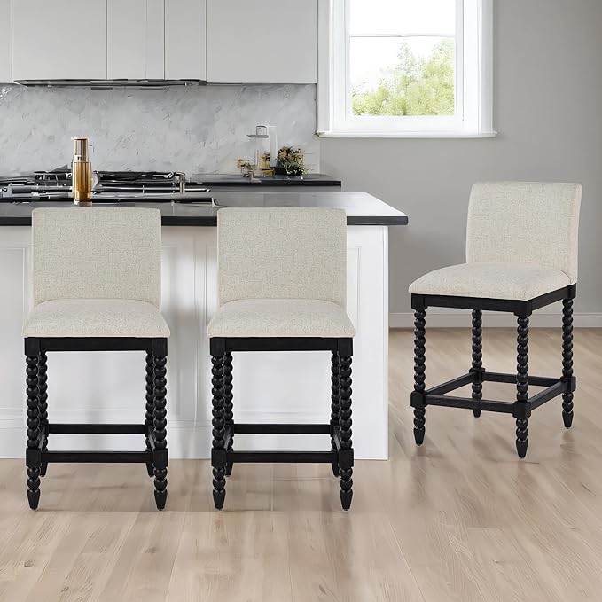 DUHOME Spindle Counter Stools Set of 3 with Padded Spring Seat,Wooden Bar Stools Farmhouse 26 Inch Counter Height Stools Chairs with Spindle Back for Kitchen Island