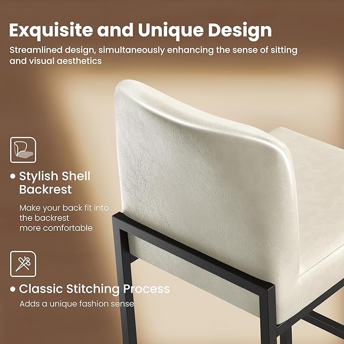 PHI VILLA Light Grey Bar Stools Set of 6, Counter Height Bar Stool Faux Leather Barstools with Back, 24 inch Kitchen Bar Chairs