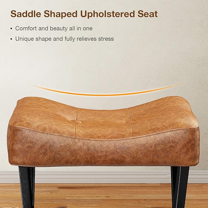 18-Inch Leather Vanity Stool Chair, Vanity Bench with Metal X-Leg, Ottoman Accent Stool with Thick Padded Saddle Seat, Brown