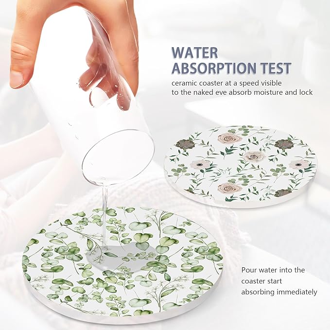 Table Coaster for Drinks Set of 6, Eucalyptus Leaf Flower Watercolor Round Ceramic Coasters,with Cork Base and Metal Holder,Great Housewarming Birthday Gifts,Home Decor