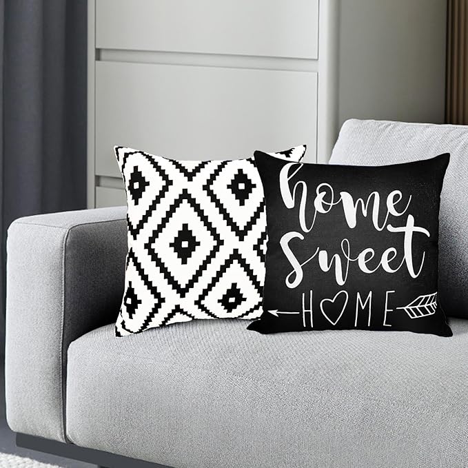 Decorative Throw Pillow Covers Set of 4 Black White Pillow Covers 22x22 inch Throw Pillows Linen Square Pillow Case,Farmhouse Outdoor Modern Geometric Pillow Covers for Couch Sofa Living Room