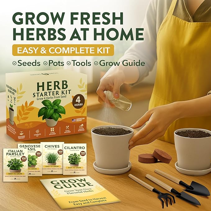 HOME GROWN Indoor Herb Garden Kit – Unique Christmas Gift for Adults, Men, & Women - Grow 4 Heirloom Herb Seeds for Kitchen Window Garden – Beginner DIY Craft & Hobby Gardening Gift for Plant Lovers