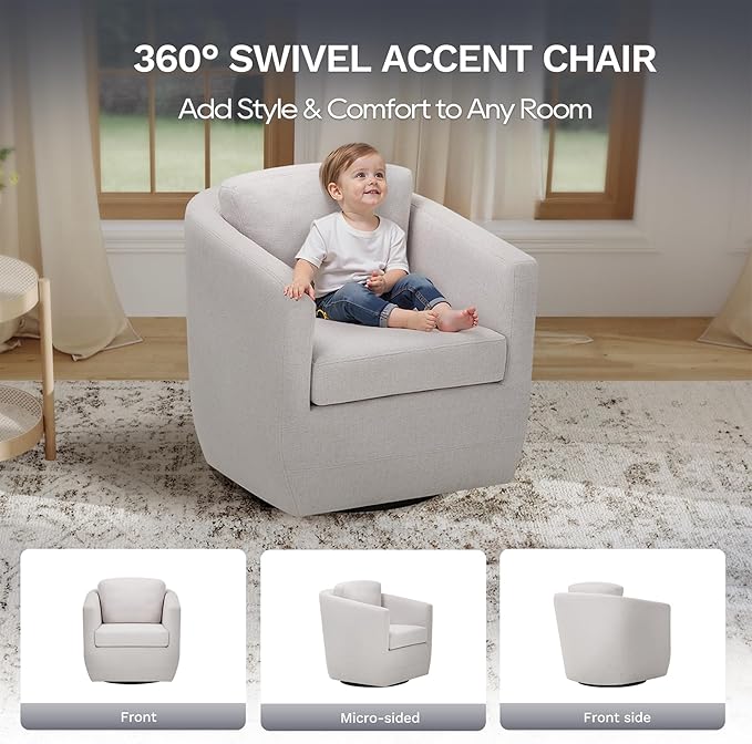 COLAMY Swivel Accent Chair, Round Upholstered Swivel Barrel Armchair Metal Base Fabric Chair Modern No Assembly Sofa Chair for Living Room Bedroom Reading Apartment Nursery, Beige(2pc)