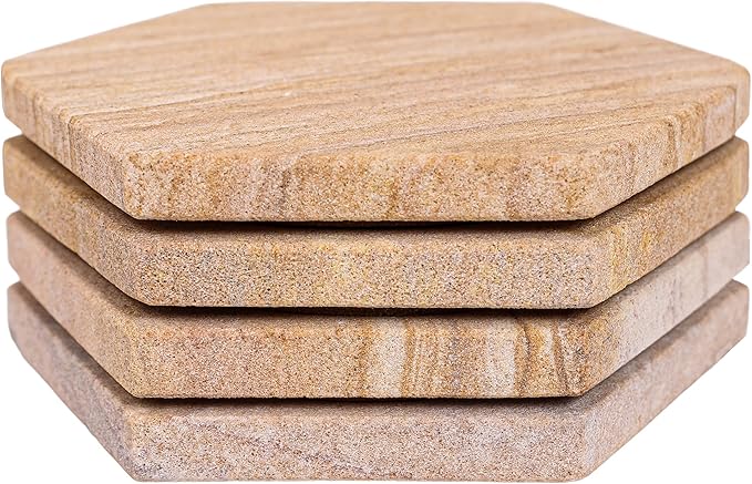 Sandstone Water Absorbent Hand Crafted Hexagon Coasters for Drinks - 4 Inches Wide Thirsty Stone Bar/Drink Coasters- Made from Rainbow Sandstone (Set of 4 Without Holder)