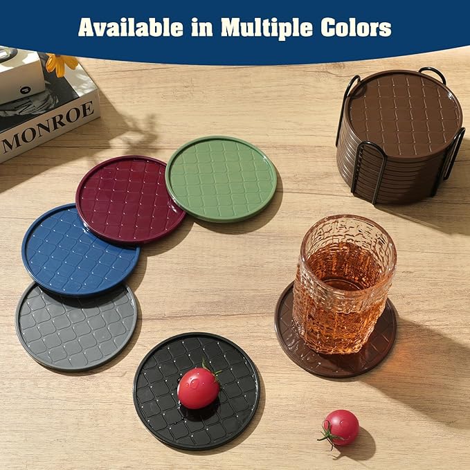 Coasters Set of 8,Hot or Cold Drink Coasters with Holder,Modern Style Coffee Table Coaster,Suitable for Kinds Cups Beer,Drink,Anti-Overflow Tabletop Protection (Navy Blue, 8pcs)