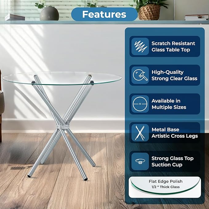 Fab Glass and Mirror 30" Flat Round Hydra Dining Table – Clear 1/2-Inch Thick Glass Top with Chrome Finish Base – Elegant Dining Table for Kitchen or Dining Room