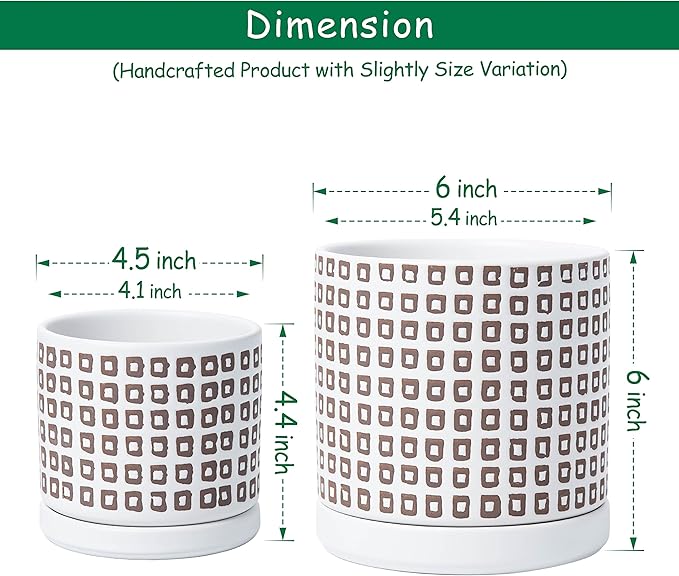 D'vine Dev Set of 2 Ceramic Planter Pots with Drainage Hole and Saucer, 4.5 Inch 6 Inch Plant Pots for Plants Indoor Houseplants, White, 99-A-1