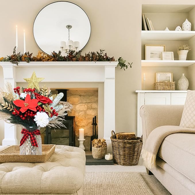 Christmas Centerpieces for Tables, Holiday Table Decor, 100pcs Christmas Floral Arrangements in Vase, Xmas Decorations for Coffee Kitchen Dining Table, Artificial Poinsettia Red Berry Pine Branches