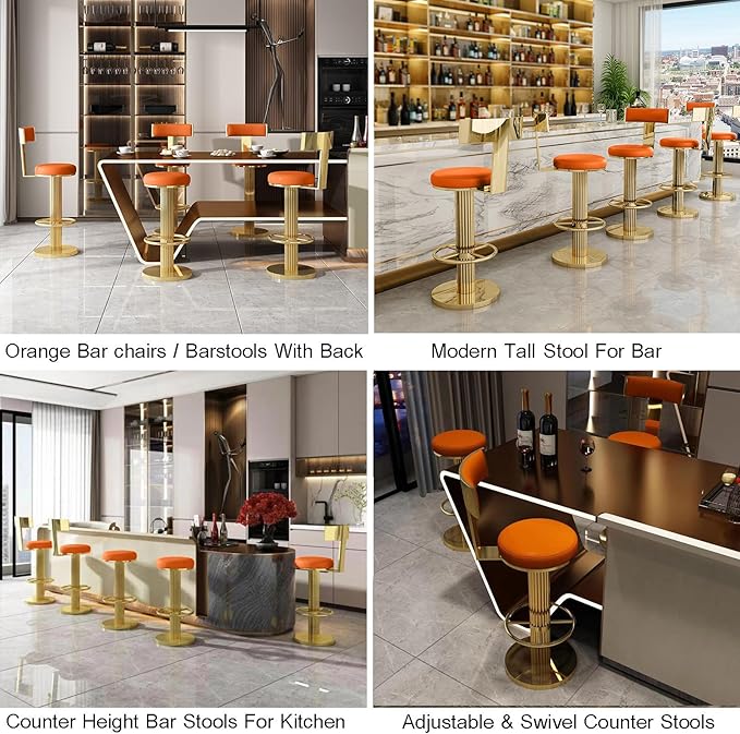 FUNROLUX Counter Height Bar Stools with Back, Modern Adjustable Height Barstools Swivel Bar Chair with Polished Gold Stainless Steel Legs for Kitchen Island Counter Living Room Coffee Shop (Orange)