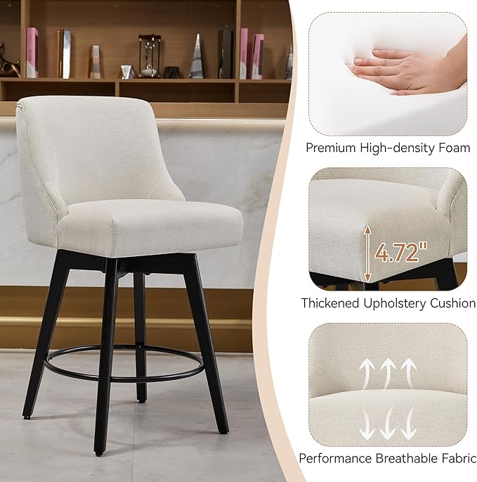 Vipbear Counter Height Bar Stools Set of 2, 26" H Swivel Bar Stools with Backs, Linen Fabric Upholstered Bar Chairs with Solid Wood Legs for Kitchen Island, Dining Room, Home Bar, White