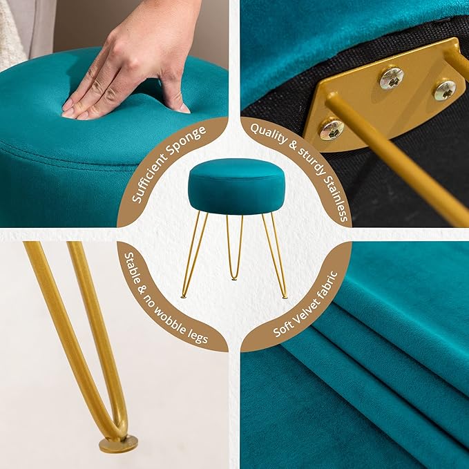 LUE BONA Vanity Stool, Teal Vanity Stools for Makeup Room, Round Ottoman Foot Stool, Velvet Footrest Vanity Chair for Bathroom Vanity, Bedroom, Living Room, Entryway, Offices