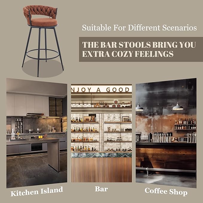 Brown Bar Stools Set of 3, 28 Inch Barstool with Metal Legs, 360° Swivel Counter Height Bar Stools with Woven Back Leather Upholstered, Modern Chair for Kitchen Island, Cafe