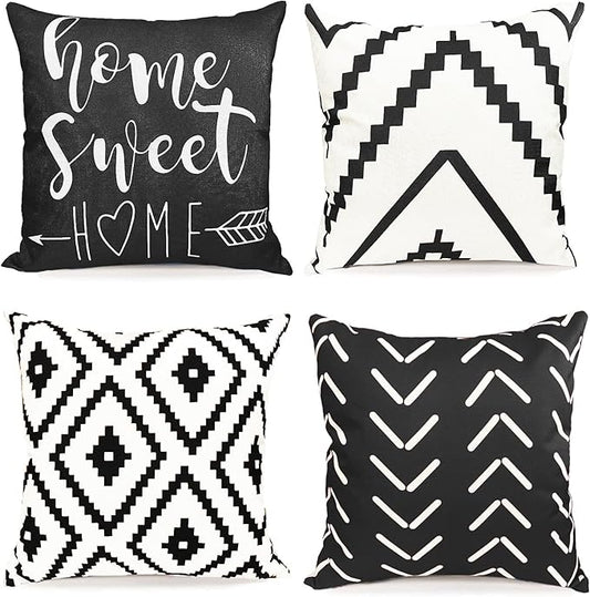 Decorative Throw Pillow Covers 18x18 inch Black White Pillow Covers for Couch Sofa Living Room Bedroom Farmhouse Outdoor Throw Pillow Cover,Modern Geometric Linen Square Throw Pillow Case Set of 4