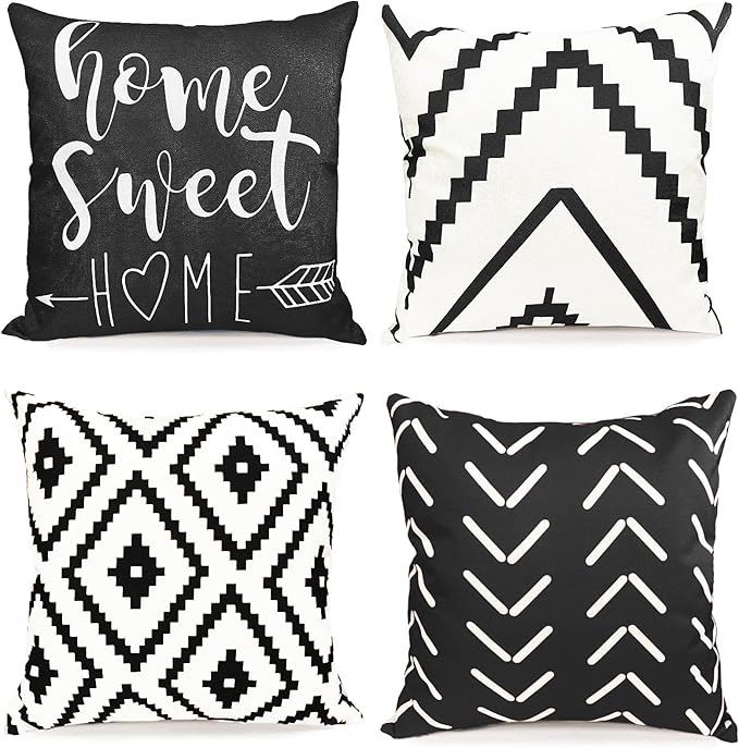Decorative Throw Pillow Covers Set of 4 Black White Pillow Covers 22x22 inch Throw Pillows Linen Square Pillow Case,Farmhouse Outdoor Modern Geometric Pillow Covers for Couch Sofa Living Room