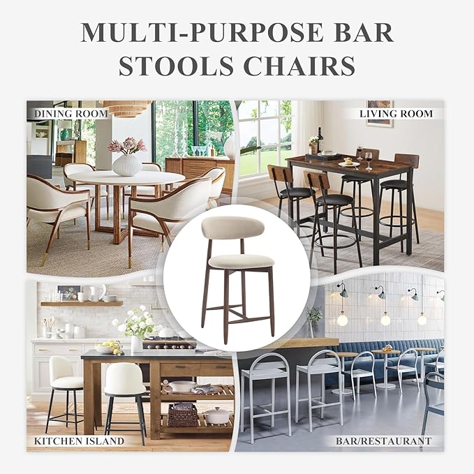 COLAMY Counter Height Bar Stools Set of 3, Upholstered Barstools with Back, Mid Century Modern Stools with Wood Legs for Kitchen Island Dining Room, Beige