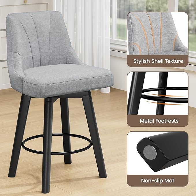 Counter Height Swivel Bar Stool, 24" Upholstered Fabric Barstools Set of 3, Counter Stool Chair with Back & Solid Wood Legs for Kitchen Island Dining Room (Light Gray)