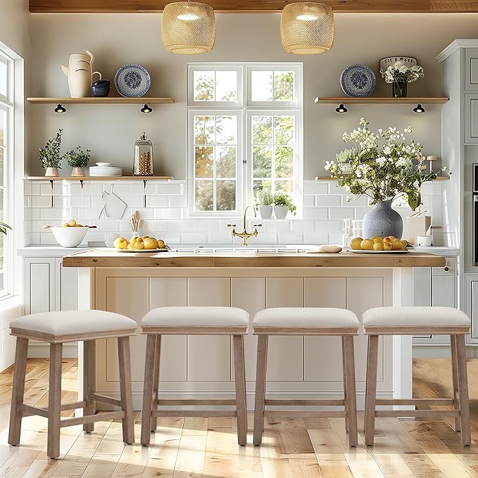 PHI VILLA Bar Stools Set of 4 - Solid Wood Legs Counter Height Barstools with Upholstered Saddle Seat, 24 inch Kitchen Counter Island Stools