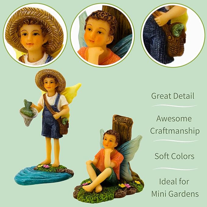 PRETMANNS Fairies for Fairy Garden - Fishing Boy Figurines – Accessories for Indoor or Outdoor Miniature Garden – 2-Piece Set