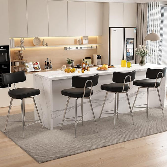 Swivel Counter Height Bar Stools Set of 4, 26" Leather Kitchen Swivel Counter Stools with Backs, Metal Legs and Footrest, Bar Chairs for Kitchen Island, Black