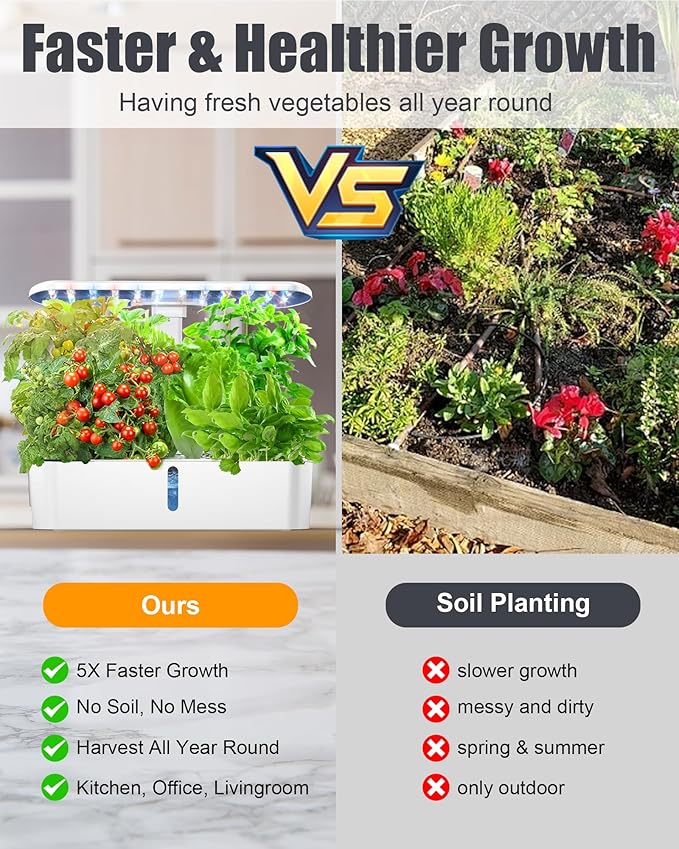 Hydroponics Growing System Kit 12 Pods, Hydroponic Herb Garden Kit Indoor with 24W LED Grow Light, Smart Indoor Garden, Height Adjustable, Auto Timer, Quiet Pump, Gardening Gifts for Mom Women, White
