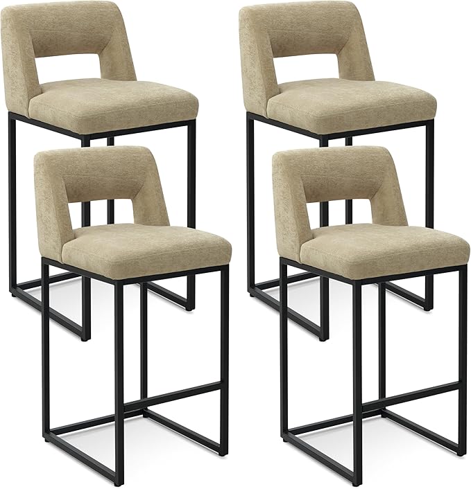 Counter Height Bar Stools Set of 4 for Kitchen Counter Modern Bar Chairs with Backs for Kitchen Island with Upholstered Fabric Seat and Metal Frame, Khaki, 26 Inch