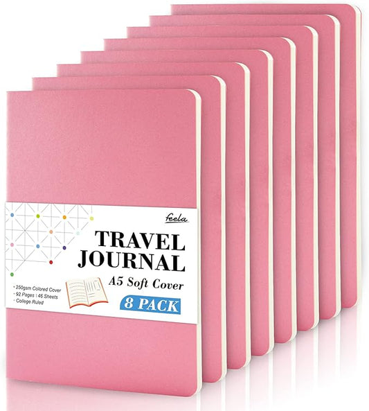 8 Pack Soft Cover Journal Bulk, Feela Notebooks College Ruled for Work, Lined Travel Journal for Women Men, Note Taking Notebook School Supplies Business Writing, 8.2” x 5.5”, A5, Pink