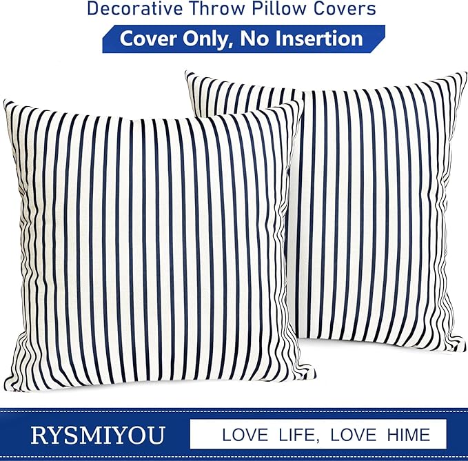 Decorative Throw Pillow Covers Set of 2 Blue Striped Pillow Covers 18x18 Inch Throw Pillow Cover Linen Pillowcase Modern Farmhouse Outdoor Pillow Covers for Couch Sofa Bed Living Room