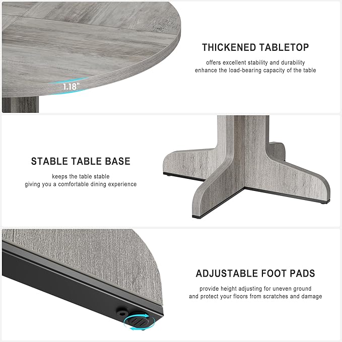 IDEALHOUSE Round Dining Table for 4, 47 Inches Dining Room Table with Wooden Base, Circle Kitchen Dinner Table for Dining Room, Kitchen, Living Room (Table Only), Grey