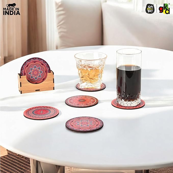 GKD Wooden Coasters for Drinks, Coasters Set of 6 with Holder, 3.5 inches Eco-Friendly Absorbent Coaster for Coffee Table, Bar, Drinking Glasses, Tabletop Protection (1, Rangoli)