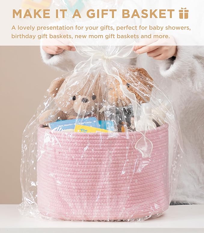 UBBCARE 3-Pack Woven Rope Shelf Baskets - 15x10x9in Decorative Storage Basket for Toys, Kids Playroom, Closet Organization & Cube Storage Organizer | Gift Basket Empty, Pink