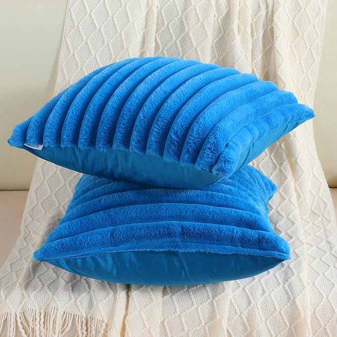 FUTEI Royal Blue Striped Decorative Throw Pillow Covers 14x14 Inch Set of 2,Square Fall Decorations Couch Pillow Case,Soft Cozy Faux Rabbit Fur & Velvet Back,Modern Home Decor for Bed