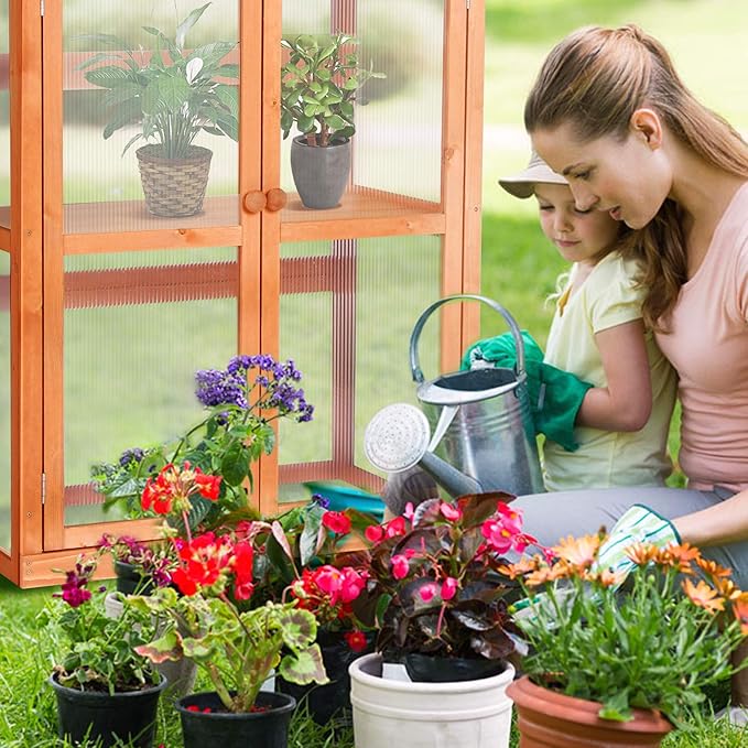 MCombo Wooden Cold Frame Greenhouse, Raised Flower Planter Shelf Protection for Outdoor Indoor Use, 0760 (Orange)