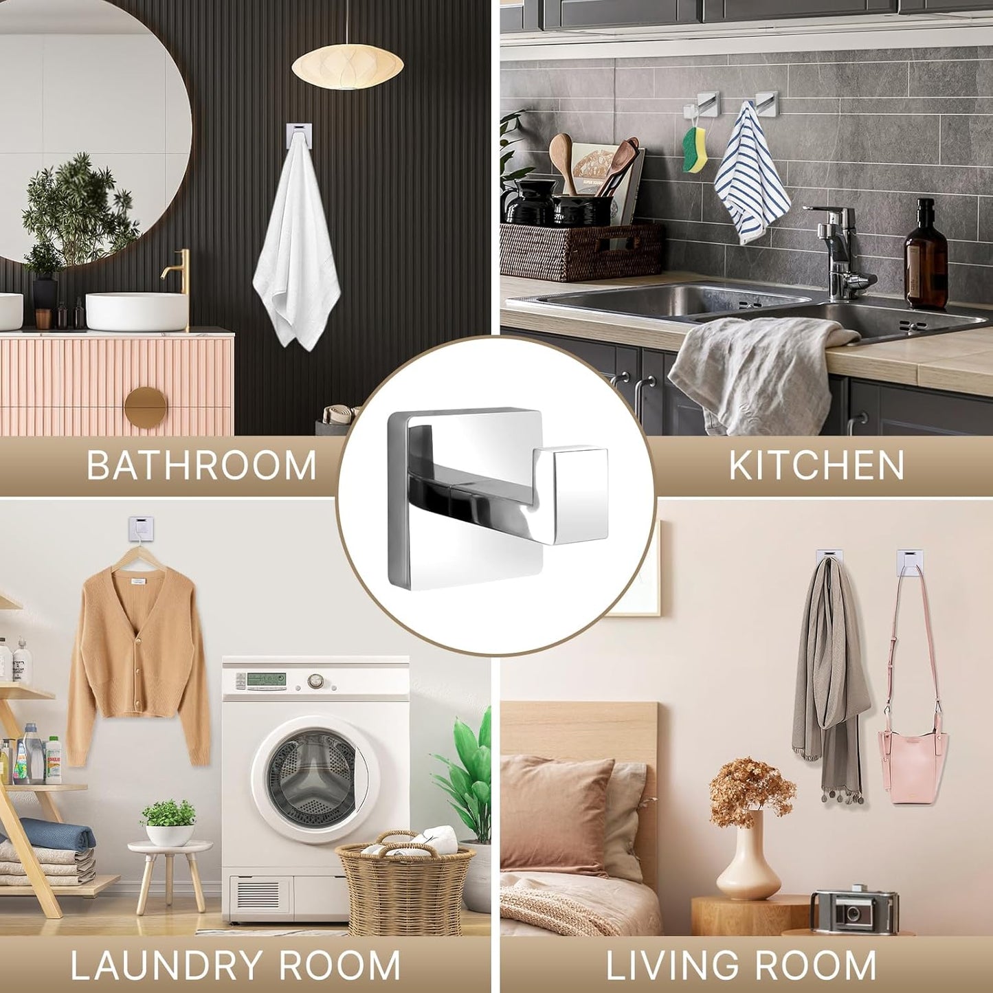 Towel Hooks for Bathrooms Robe Hook Coat Hook 4 Pack Polished Chrome Stainless Steel Heavy Duty Wall Mounted Square Hooks for Bathroom Kitchen Bedroom