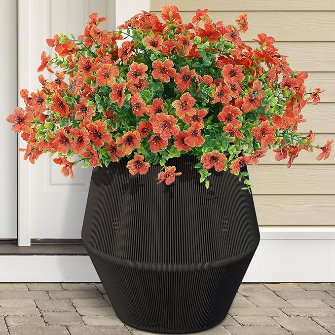 10 Bundles Artificial Faux Flowers for Outdoor,10Pcs Fake Flowers for Home Decor,Plastic Flowers Shrubs Lifelike Artificial Greenery Home Porch Stems Outside Deco(Orange)