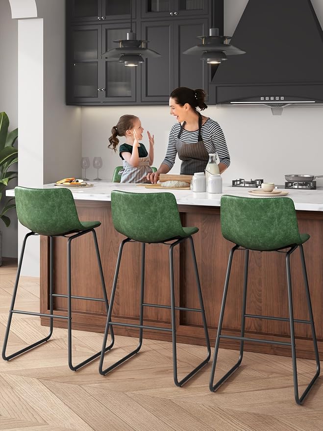 Bar Stools Set of 6, 30 Inches Counter Height Bar Stools with Back, Modern Faux Leather Barstools with Metal Legs and Footrest, Bar Chairs for Kitchens Island (Green)
