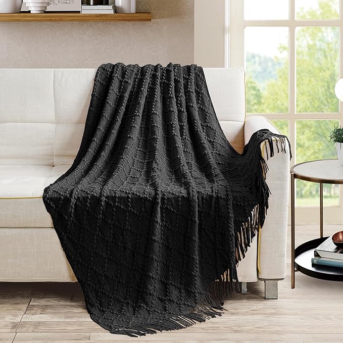 BOURINA Black Throw Blanket 50 x70 Inches Jacquard Argyle Throw Textured Solid Soft Throws and Blankets for Sofa or Bed Knitted Decorative Blanket